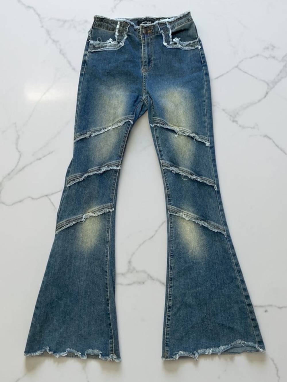 Between Us Frayed Panel Flare Jeans in Medium Blue
